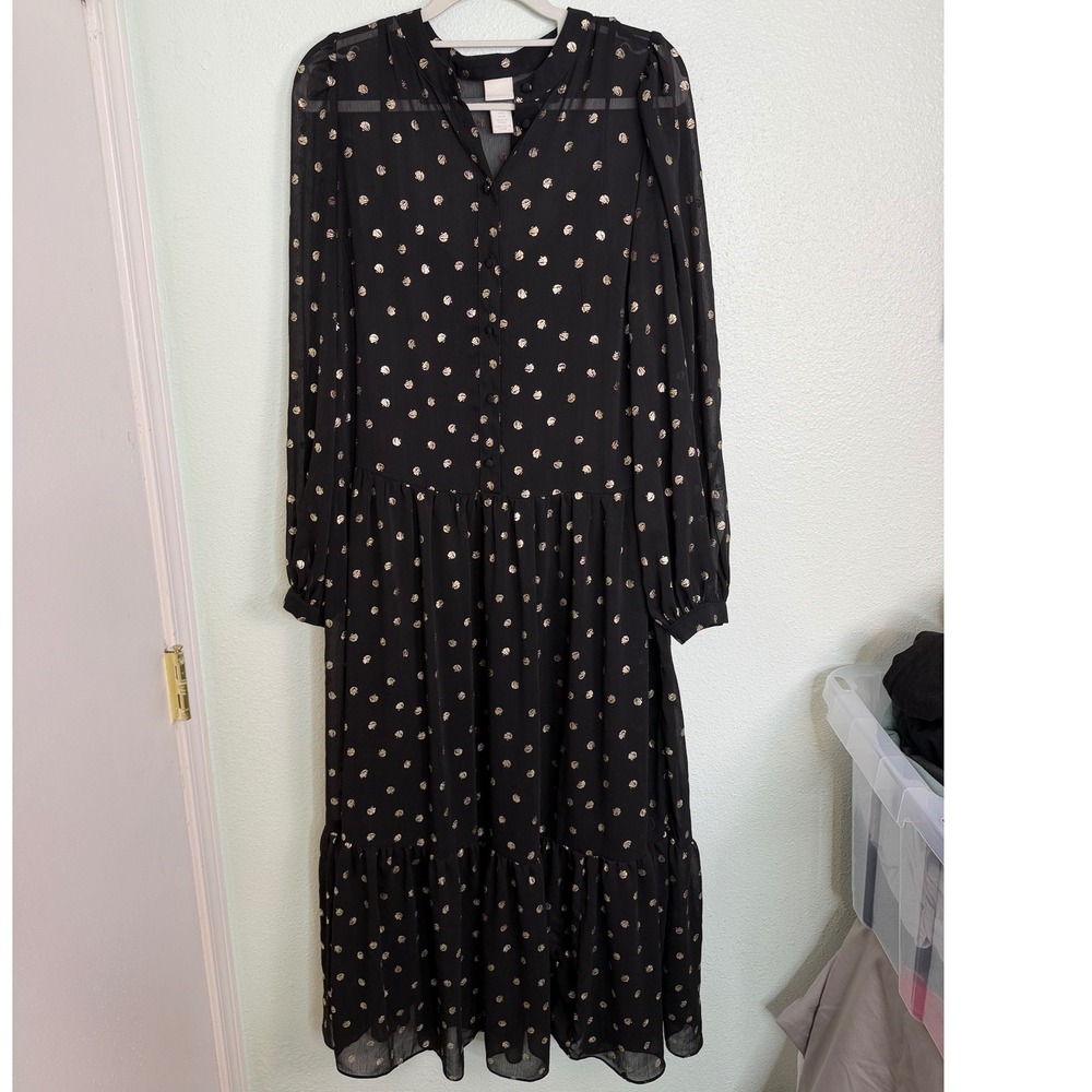 H&M Black Gold Metallic Polka Dot Tiered Midi Dress Long Sleeve Sheer Medium